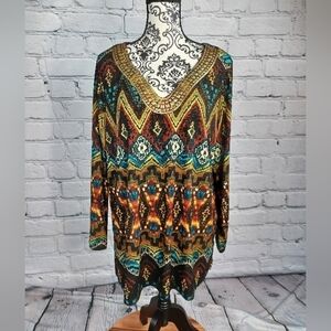 Rafaella women's long sleeve stretch knit geo print beaded front top size 1x b22